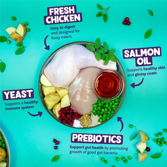 Afbeeldingen van verse kip, zalmolie, veenbessen, erwten, aardappelen en ingrediënten die het immuunsysteem en de spijsvertering ondersteunen.