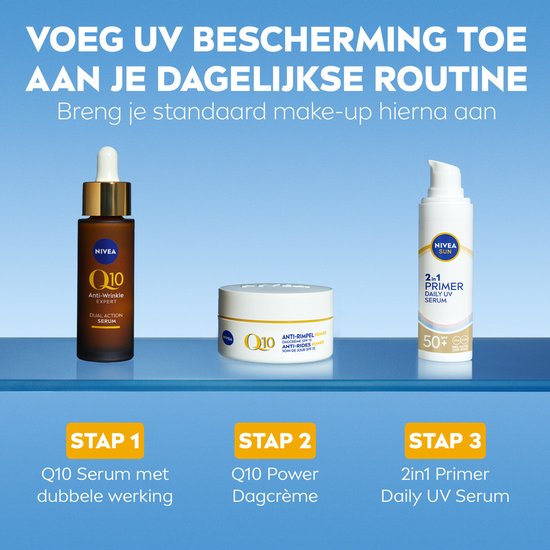 Drie NIVEA producten: Q10 Anti-Wrinkle Expert serum, Q10 Power dagcrème, en 2in1 Primer Daily UV Serum. "VOEG UV BESCHERMING TOE AAN JE DAGELIJKSE ROUTINE".
