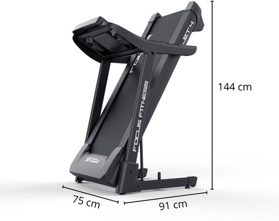 Zwarte opklapbare Focus Fitness Jet 4 loopband met afmetingen.