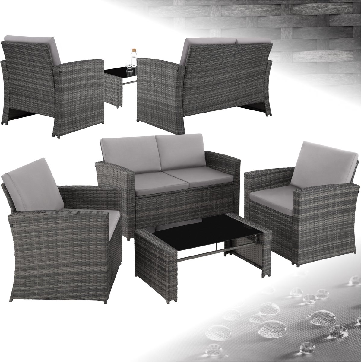 tectake® - Wicker zitgroep loungeset tuinset Lucca - 1 bank/2 stoelen/1 tafel met glasplaat - grijs - 404918