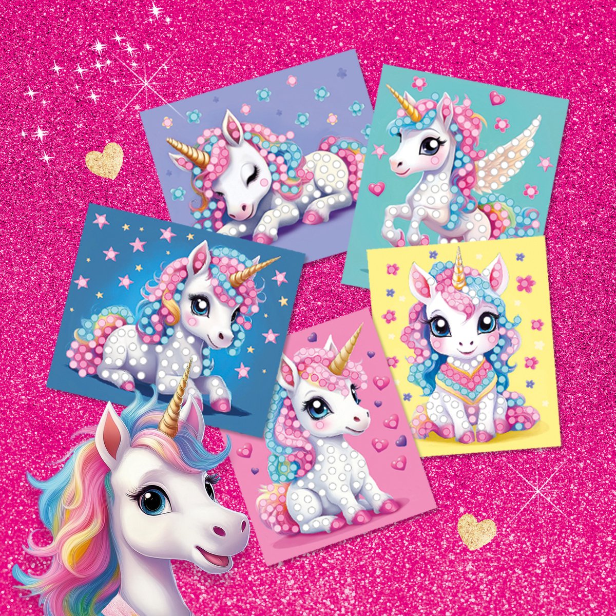 SES Creative Unicorn Diamond Painting - 5 Eenhoornkaarten - Voor Meisjes vanaf 3 Jaar - 672 Steentjes - Schoencadeautjes Sinterklaas — cadeau in Hobby - foto 5