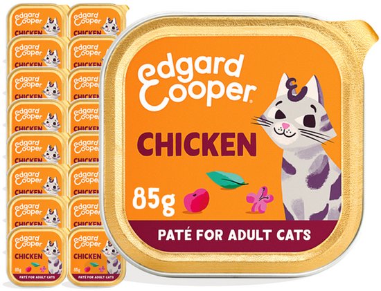 Doos met 16 kuipjes Edgard & Cooper kip paté voor volwassen katten, 85g. Grote kuip met illustratie.