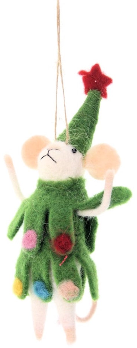 Muis in kerstboom pak hangend vilt 7x6x17cm