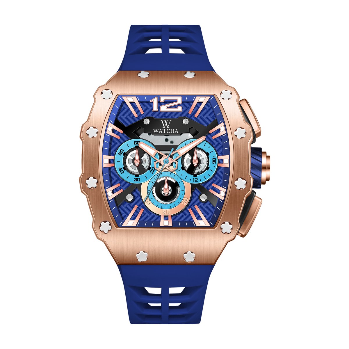 Watcha Mille Edition - Heren Horloge - Deep Sea Blue Rosé - 44mm - Rechthoekig