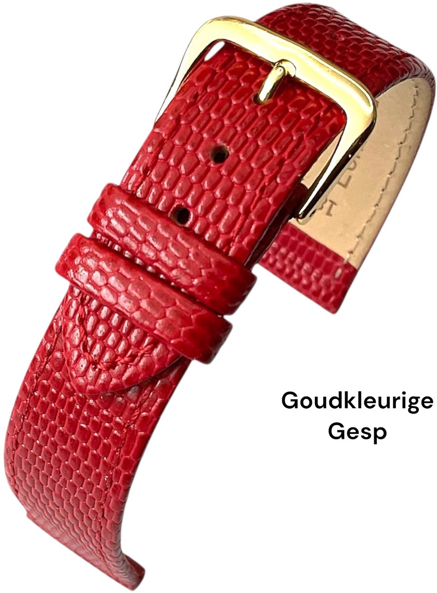 Horlogeband-horlogebandje-12mm-rood -croco-lizard print-echt leer-plat-goudkleurige gesp-leer-12 mm