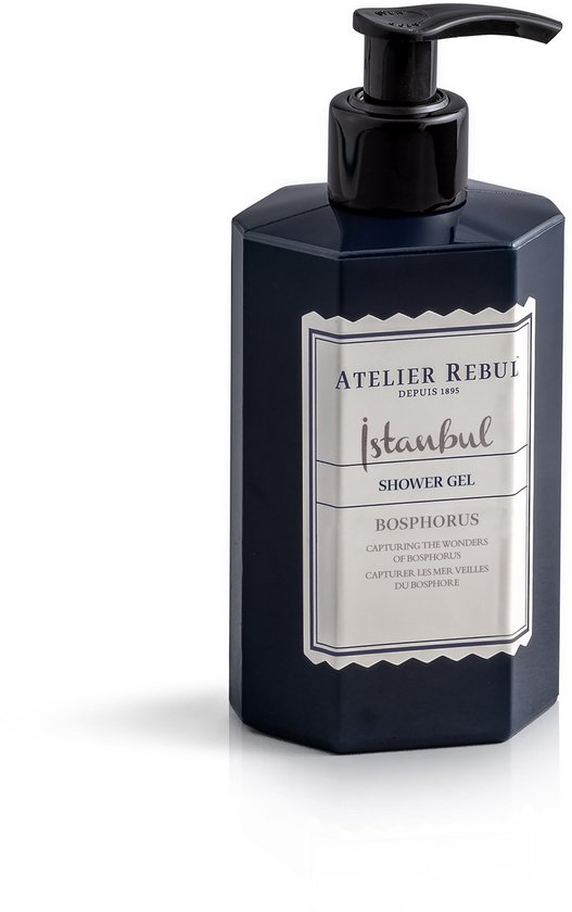 Atelier Rebul Istanbul Bosphorus douchegel in een donkerblauwe fles met een zwart pompje. Het label bevat 'İstanbul SHOWER GEL BOSPHORUS'.