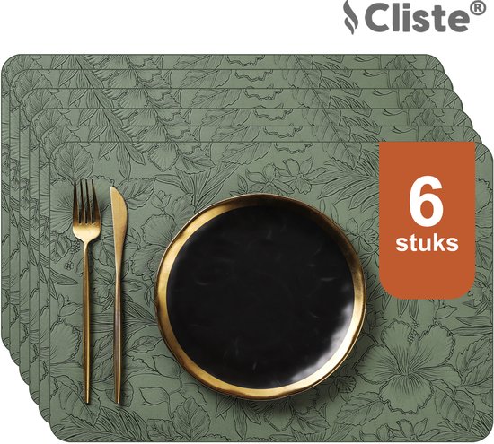 Set de 6 sets de Napperons en cuir vert Cliste Luxe - 45x30 cm - Imprimé feuilles - Élégant, durable, facile à nettoyer - Set de table antidérapant - Sous-verre