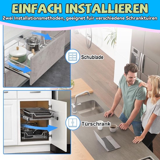 Uittrekbare Lade Keukenkast Opbergrek NETEL Telescopische Lade-organizer – Uittrekbare Kastlade, Breedte 32-52 Cm – Plakfolie Montage, Geen Boren Zwarte Kastorganizer