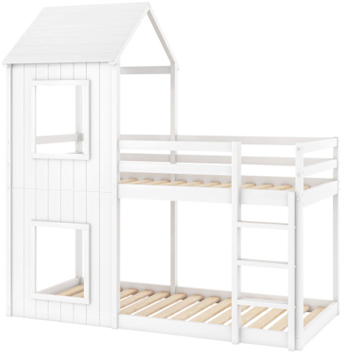 Gotagee Stapelbed 90x200cm, kinderbed, huisbed, met ladder & hemel, van vloer tot plafond, massief hout, wit, Zonder matras