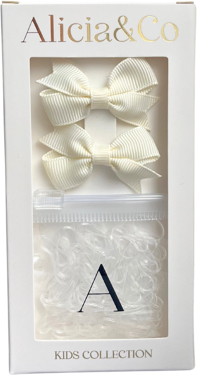 Alicia&Co – Tiny Tie & Bow Set – Cloud White - Set van 2 kleine alligator haarclips en 1 zakje met kleine transparante haarelastiekjes - cadeau - kraamcadeau - haarspelden & clips - haarelastiekjes kind - haarspeldjes kind - haarspeldjes baby