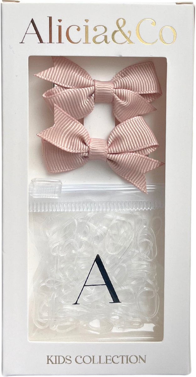 Alicia&Co – Tiny Tie & Bow Set - Creamy Caramel - Set van 2 kleine alligator haarclips en 1 zakje met kleine transparante haarelastiekjes - cadeau - kraamcadeau - haarspelden & clips - haarelastiekjes kind - haarspeldjes kind - haarspeldjes baby