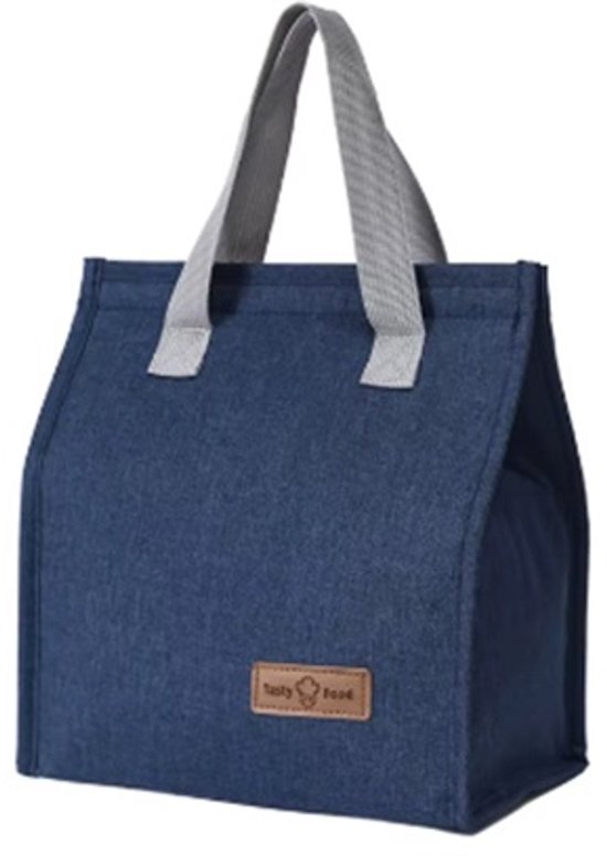 Sac à lunch bleu en tissu avec des poignées grises et une étiquette marron 'tasty food'.