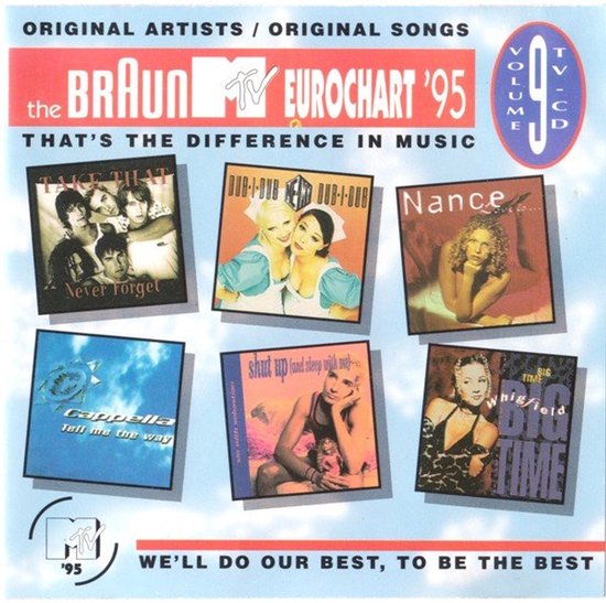 De cover van The Braun MTV Eurochart '95 toont zes albumhoezen, waaronder Take That, Dub-I-Dub en Nance.