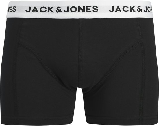 Zwarte trunks met een witte tailleband met het Jack & Jones logo in het zwart, inclusief een gulp-detail.