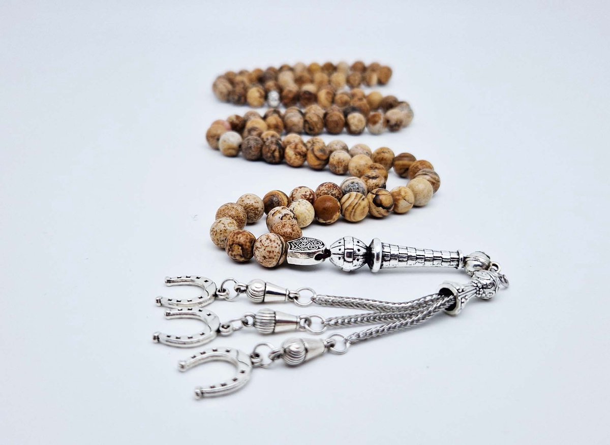 Handgemaakte tesbih "Tasbih" natuursteen "Picture Jasper" - Aantal kralen 99 - Diameter kralen 8MM - met metaal tassel "Hoefijzer" - Een mooi cadeau-idee