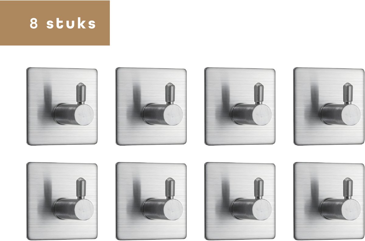Baulk® - Handdoekhaakjes zelfklevend – Ophanghaken – Wandhaken – Haken zelfklevend – Zonder boren – Set van 8 – Zilver – RVS