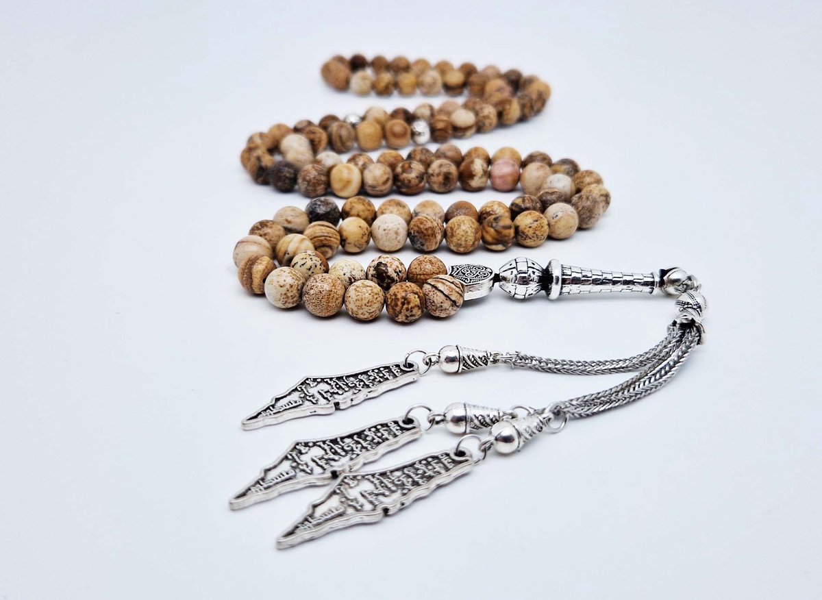 Handgemaakte tesbih "Tasbih" natuursteen "Picture Jasper" - Aantal kralen 99 - Diameter kralen 8MM - met metaal tassel "Palestina" - Een mooi cadeau-idee