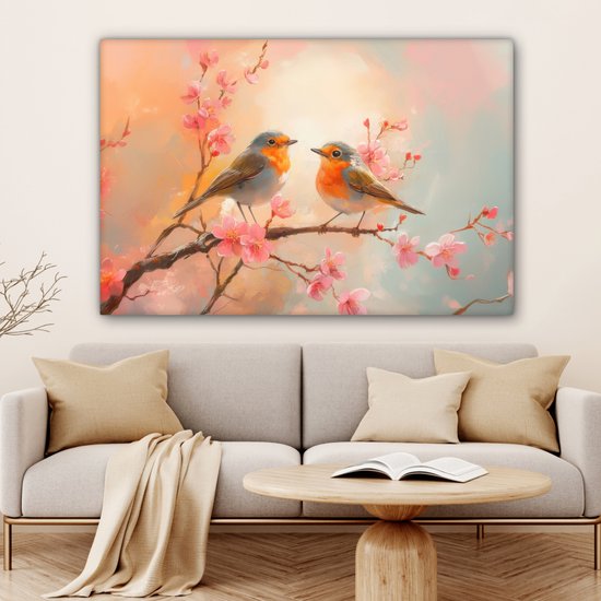 Tableau sur toile 120x80 cm - Décoration murale Rouge-gorges - Gracieux - Branche fleurie - Décoration murale salon - Décoration chambre - Accessoires chambre - Peintures sur toile