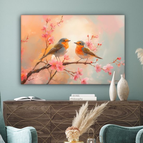 Tableau sur toile 120x80 cm - Décoration murale Rouge-gorges - Gracieux - Branche fleurie - Décoration murale salon - Décoration chambre - Accessoires chambre - Peintures sur toile
