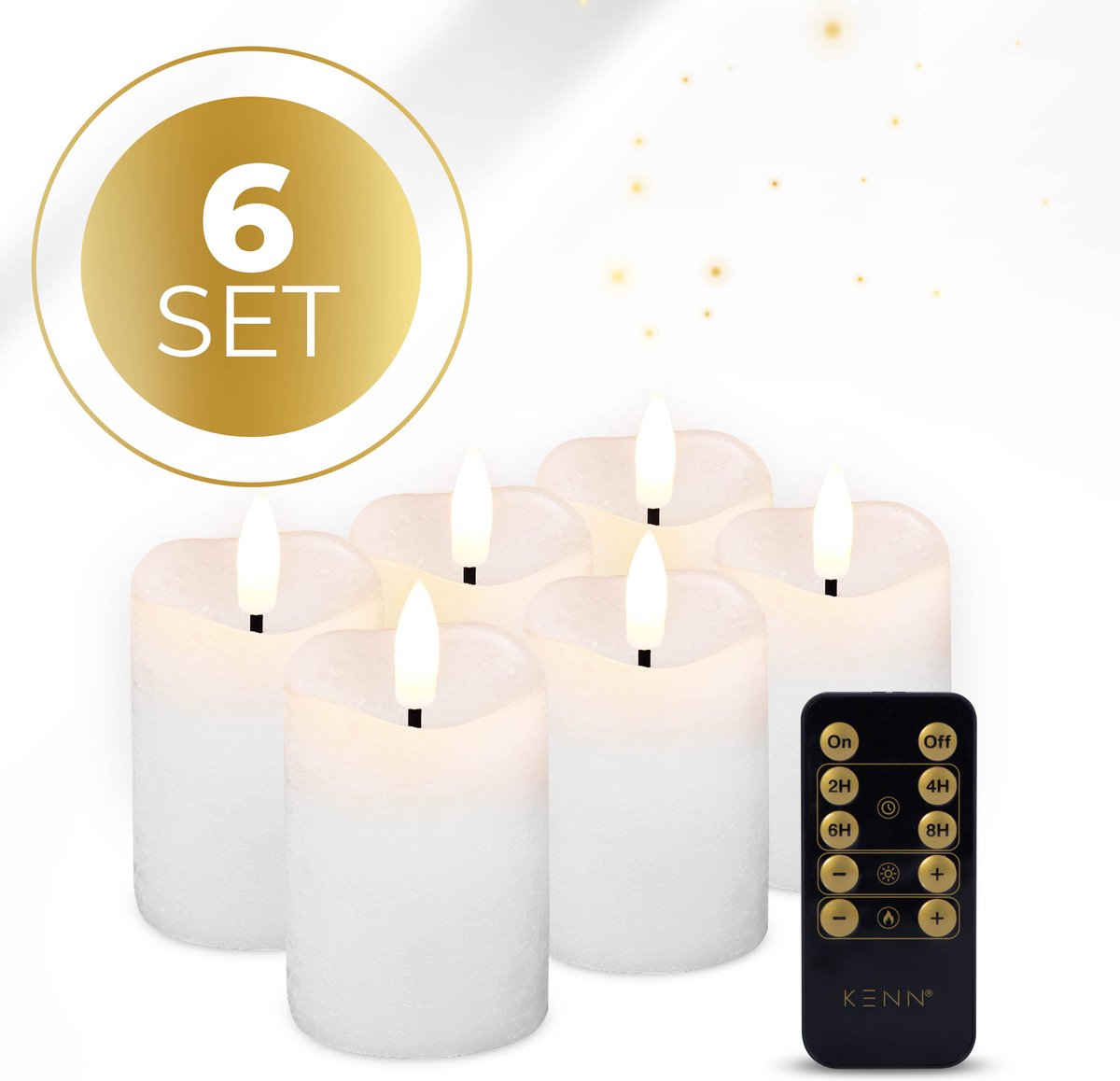 KENN® LED Kaarsen op Batterijen – Echte Wax – Set van 6 – Rustiek Wit – Tot 300 Branduren – Met Afstandsbediening & Timer – Inclusief Batterijen – Mini Stompkaarsen – Realistisch flikkerende 3D Vlam – Kaarsen op Batterijen – Nep Kaarsen – Horeca