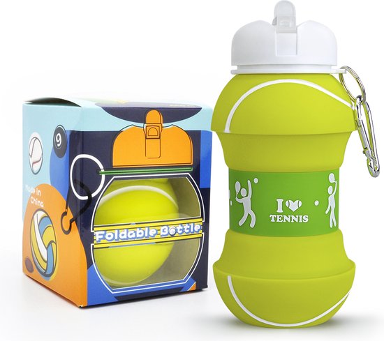 OPVXZAD Drinkfles, voetbal, kinderfles, 550 ml, opvouwbare waterfles van siliconen, kindersport, voetbal, drinkfles met karabijnhaak, voetbal, sleutelhanger (sportdrinkfles
