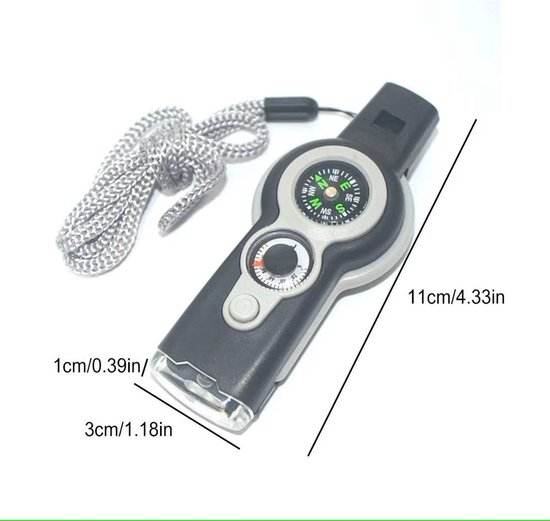 Zwarte survival fluit met kompas, thermometer en grijze draagband. Afmetingen 11cm.