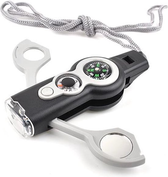 Zwarte survival fluit met kompas, thermometer, vergrootglas, spiegel en grijze draagband.