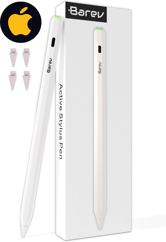 Witte Batev stylus pen met groene dop, verpakt in een witte doos. Inclusief 4 witte penpunten en Apple logo.