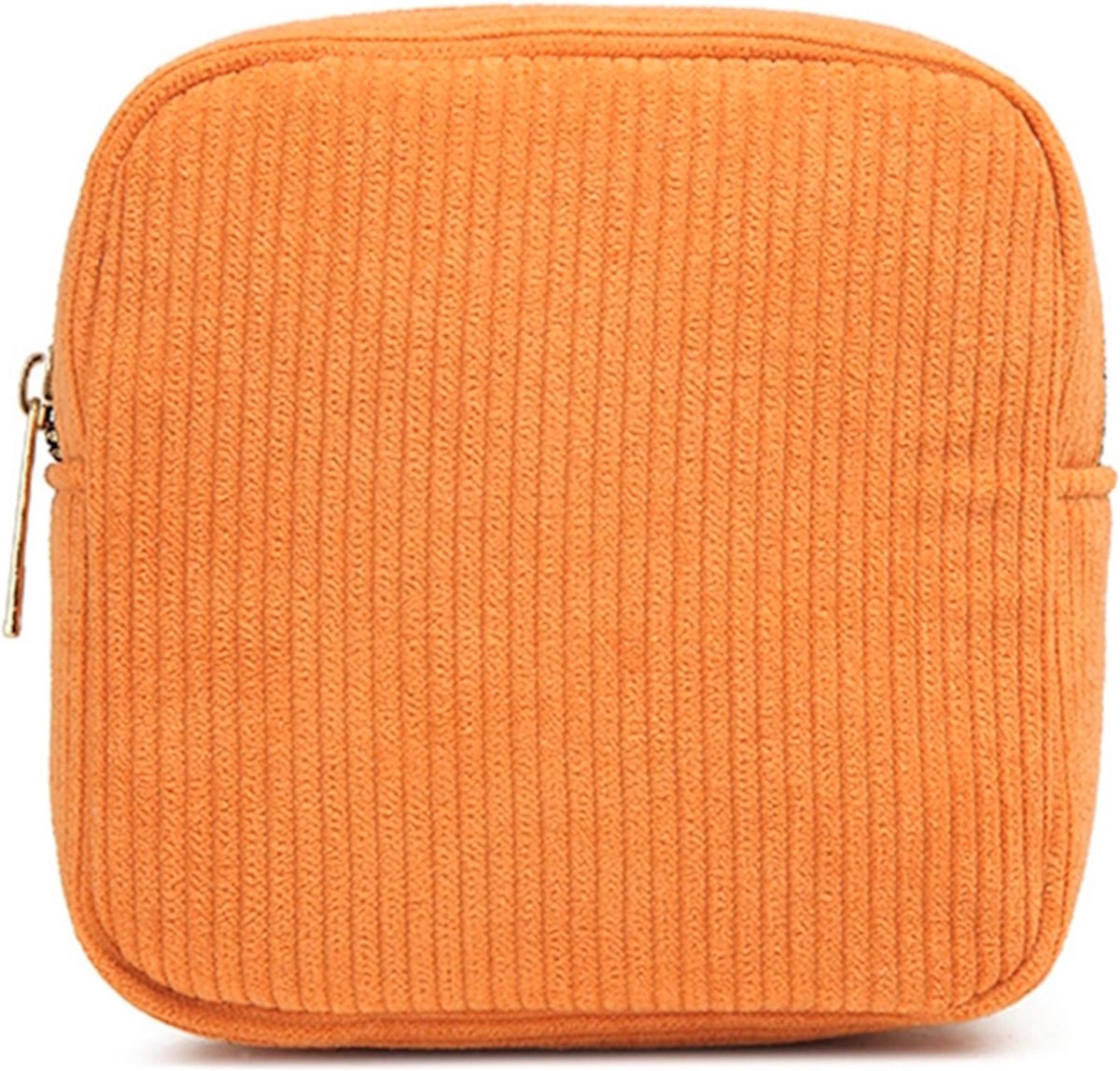 Corduroy Mini Make-up Tas - Oranje | 14 x 14 x 5 cm | Toilettas / Maandverband Etui | Fashion Favorite