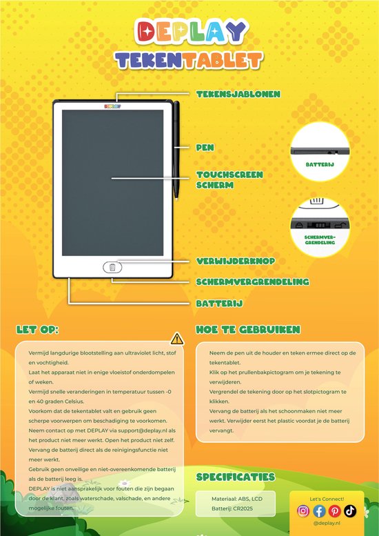 Zwarte DEPLAY tekentablet met stylus, blanco scherm, verwijderknop en schermvergrendeling.