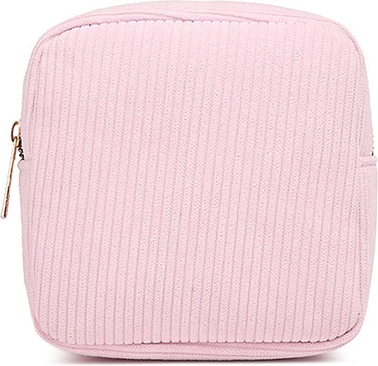 Mini trousse de Maquillage en velours côtelé - Rose | 14 x 14 x 5 cm | Trousse de toilette / étui pour serviette Serviettes hygiéniques | Mode Favorite