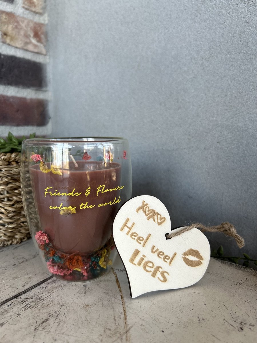 Creaties van hier Theeglas - SOJAKAARS in dubbelwandig glas - Friends & Flowers color the world - Geur: Silky Tonka - Branduren: 45u