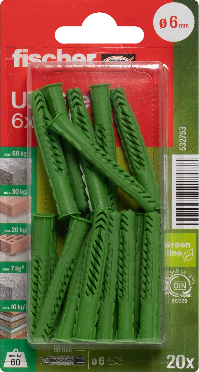 Fischer universeelplug UX Green Ø6 x 50 met rand - Max 60 kg - 20 stuks