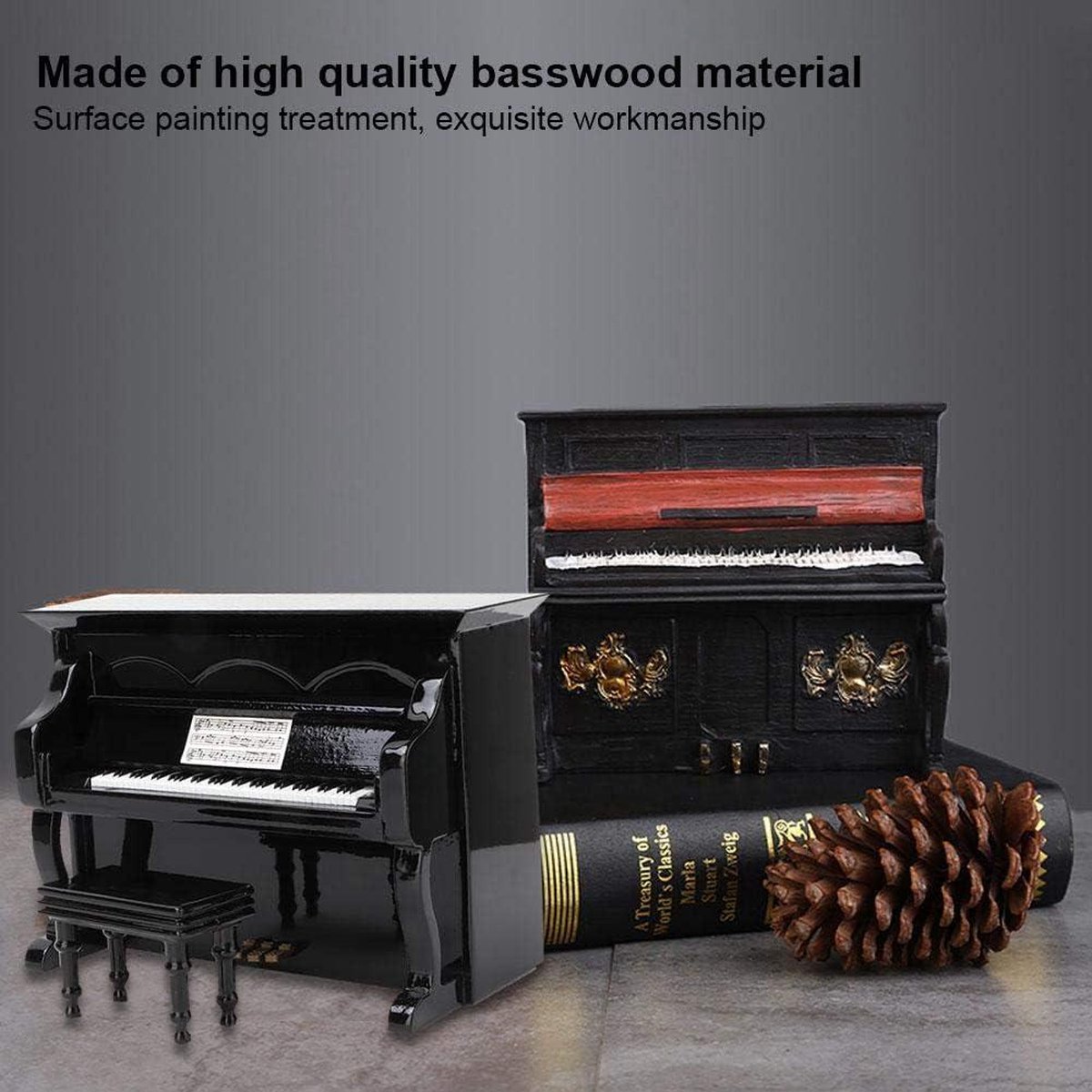 Jikoiuty Miniatuur Piano Model Kit Muziekinstrument Stoel, voor Home Office Decoration(zwart, zonder muziek) Klein