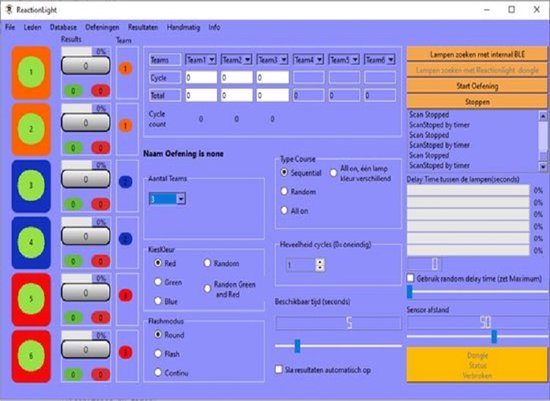 Scherm van Reactionlight software met opties voor trainingen en teams.
