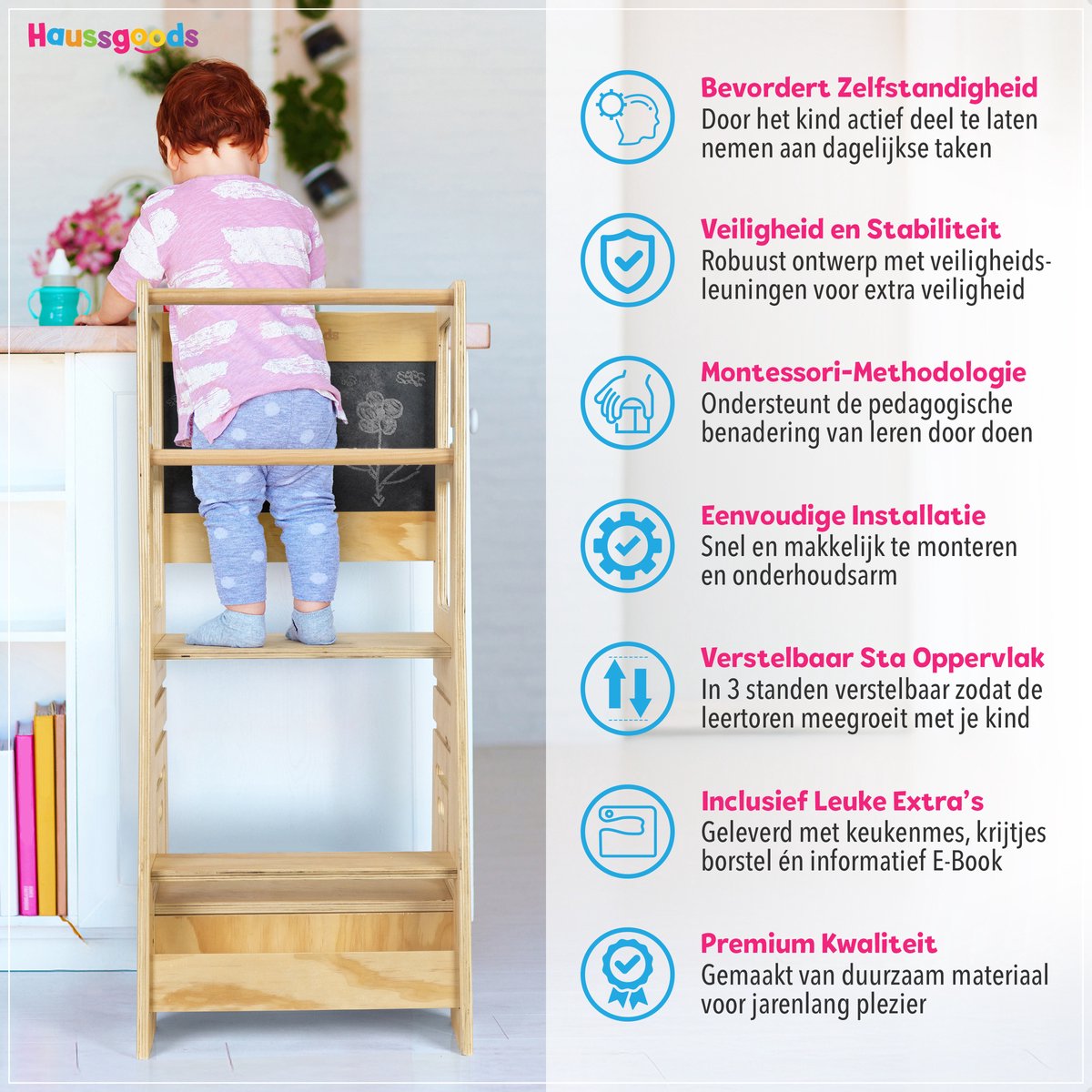 COSYLAND Houten Leertoren Voor Kinderen - Verstelbaar 1-6 Jaar - Zwart