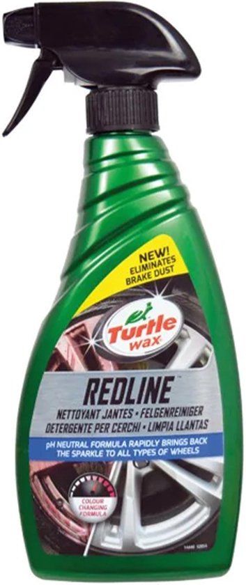 Nettoyant pour jantes vert Turtle Wax Redline avec une image de jantes et le texte 'NEW! Eliminates Brake Dust'.