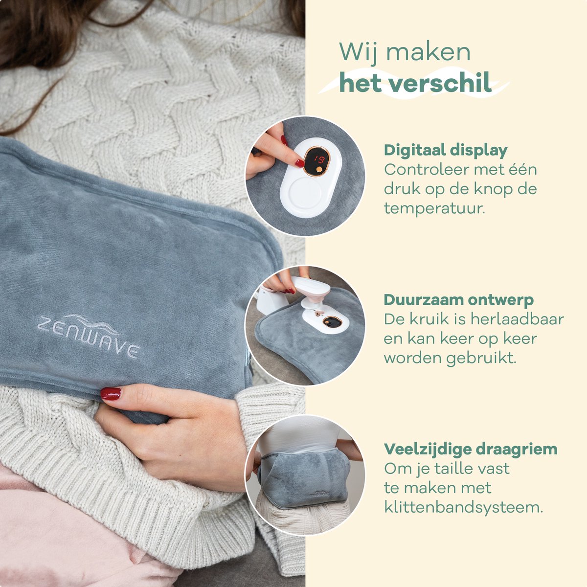 Zenwave Elektrische Kruik met Hoes - Digitaal Display - Warmtekruik & Waterkruik met Handwarmers - Oplaadbare Warmtekussen - Menstruatie Warmteband - Duurzaam & Draadloos - Kamperen & Outdoor - Warmwaterkruik Grijs – foto 2