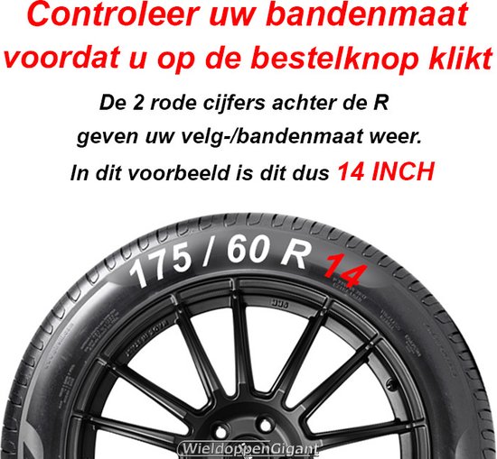 Autoband met de tekst '175/60 R 14 inch', met instructies om de bandenmaat te controleren.