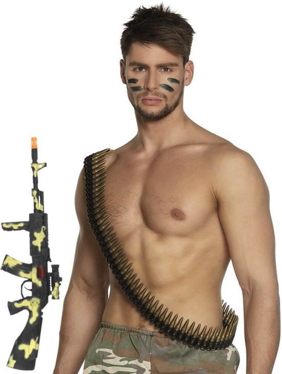 Carnaval verkleed accessoires wapens set - Soldaten machinegeweer 59 cm - kogelsriem - Leger - Militairen - Army - Politie - speelgoed