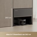Alles-in-1 PowerDock van 24,9 cm hoog, met daarin een zwarte robotstofzuiger.