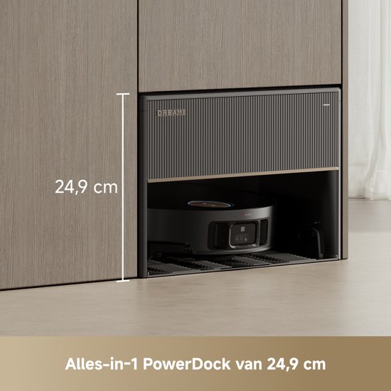 Alles-in-1 PowerDock van 24,9 cm hoog, met daarin een zwarte robotstofzuiger.