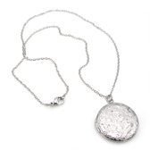 Collier en acier couleur argent 45 cm avec pendentif rond en acier inoxydable médaillon 28 mm pour photo ou mèche de cheveux avec fleurs gravées