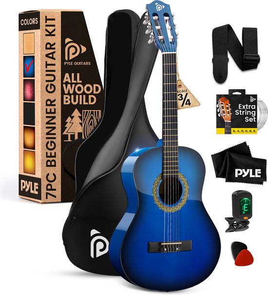 Set de guitare acoustique Pyle – Guitare taille 3/4 – Instrument à cordes en nylon entièrement en bois – avec capodastre, sac de transport, sangle de guitare, Set de cordes Extra – Guitare pour débutants/ Adultes