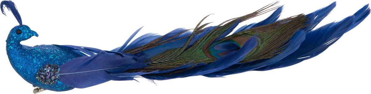 decoratie Pauw + clip Glitters - polyresin/veren - blauw