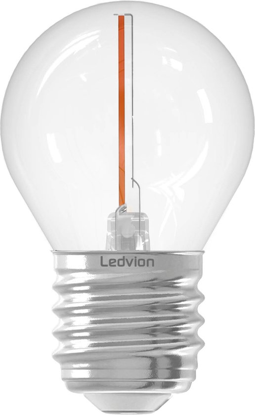 Heldere E27 LED-lamp met een sinaasappelvormige glazen bol en een enkele verticale filament. Met "Ledvion" logo.