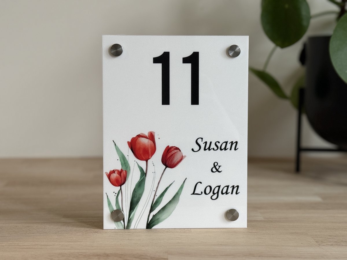 Naambordje / huisnummer voordeur | Tulpen | 15x20cm | wit | rvs afstandhouders