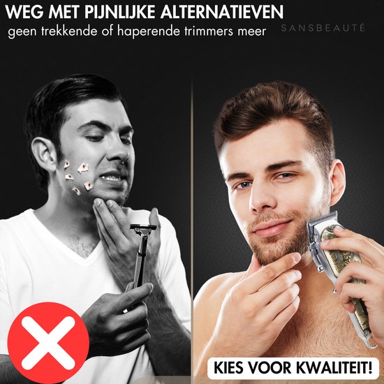 Voor en na foto: vergelijking tussen scheren met een mes en trimmen met een gouden Sansbeauté tondeuse.