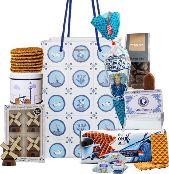 Kerstpakket - Cadeaupakket - Holland tas L - Cadeauset - Cadeaupakket met Hollandse cadeautjes o.m. Stroopwafels - Geveltjesdrop - Gouda Biscuits