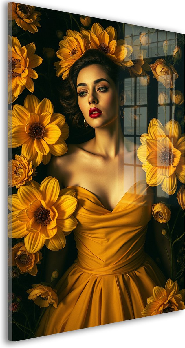 Glasschilderij Gouden Bloemenpracht - 120 x 80 cm - Vrouw - Bloemen en Planten;Portretten - Acrylaat - Inclusief wandbevestiging - Foto op plexiglas - Wanddecoratie woonkamer – Modern – Klassiek